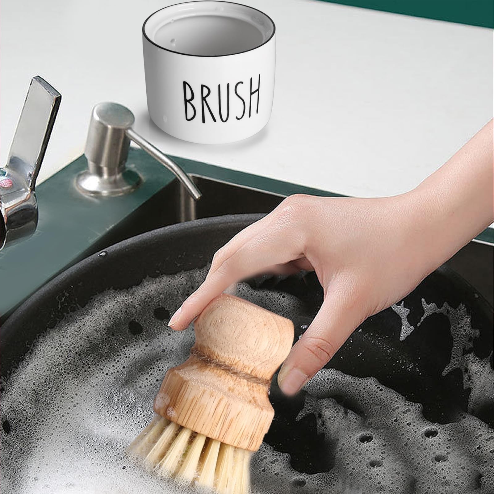 ONTUBE Ceramic Dish Brush Holder, Farmhouse Scrub Brush Holder Dishwashing Br…