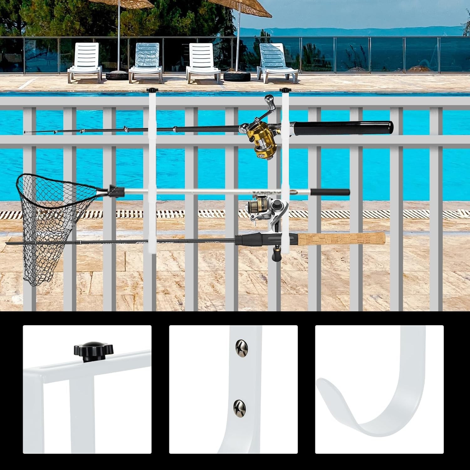 2Pcs White Pool Pole Hangers Adjustable Heavy Duty Swimming Pool Fence Hooks