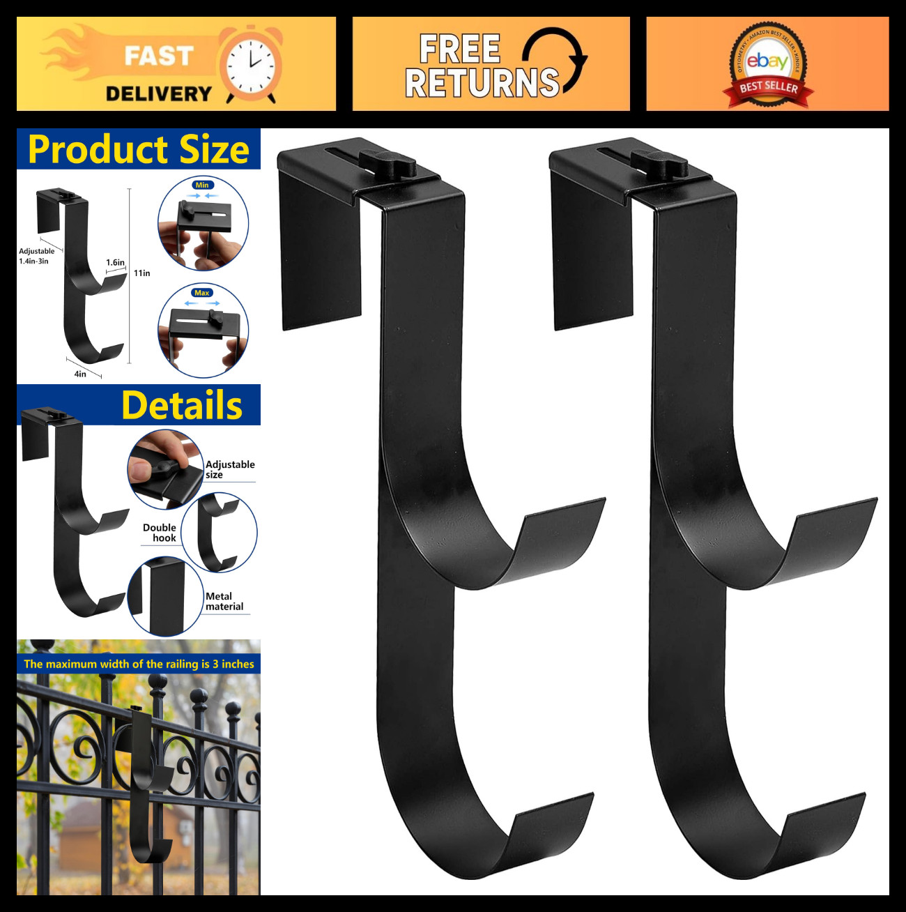 Adjustable Heavy Duty Pool Fence Hooks – 2 Pcs Slip-On Hangers for Pool Equipmen