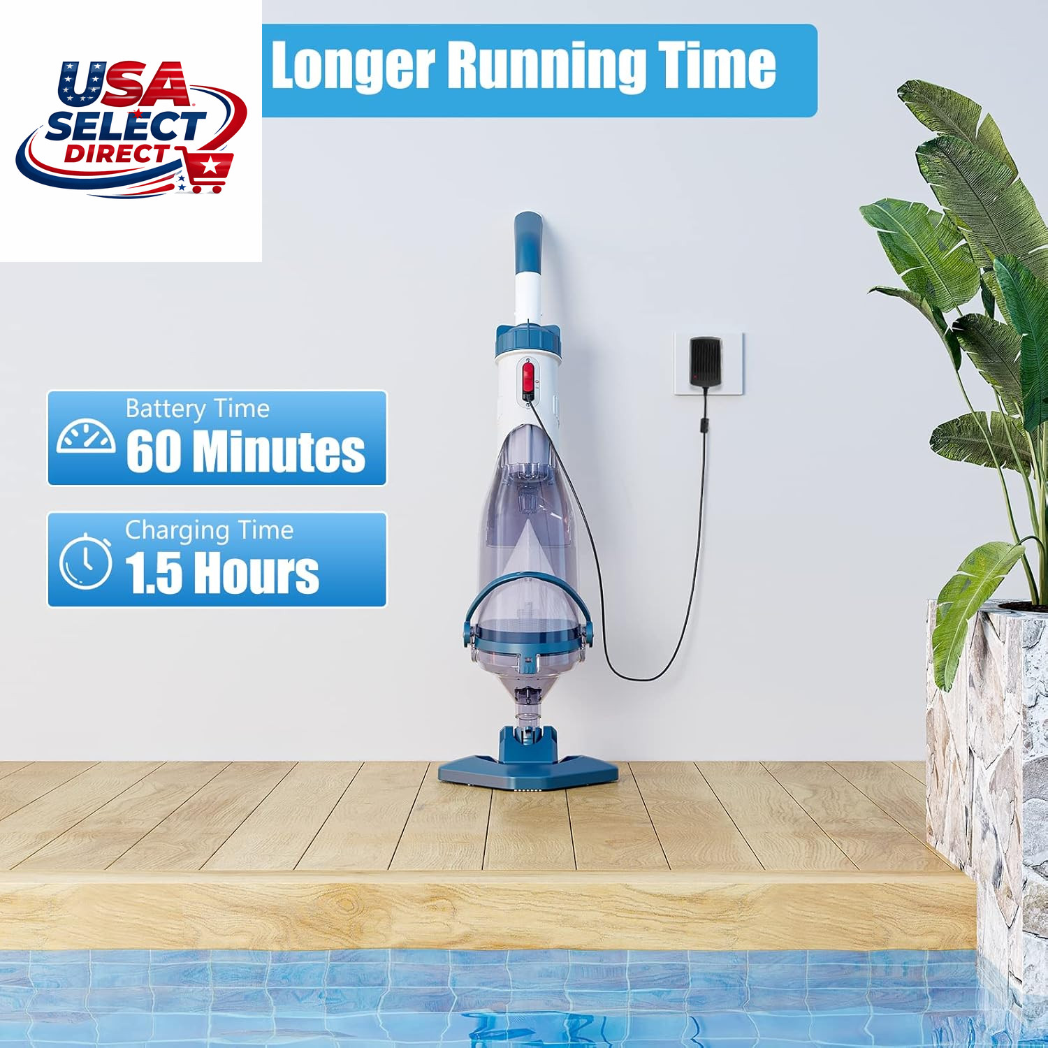 Handheld Pool Vacuum with Telescopic Pole, Rechargeable, 60 Min Run Time