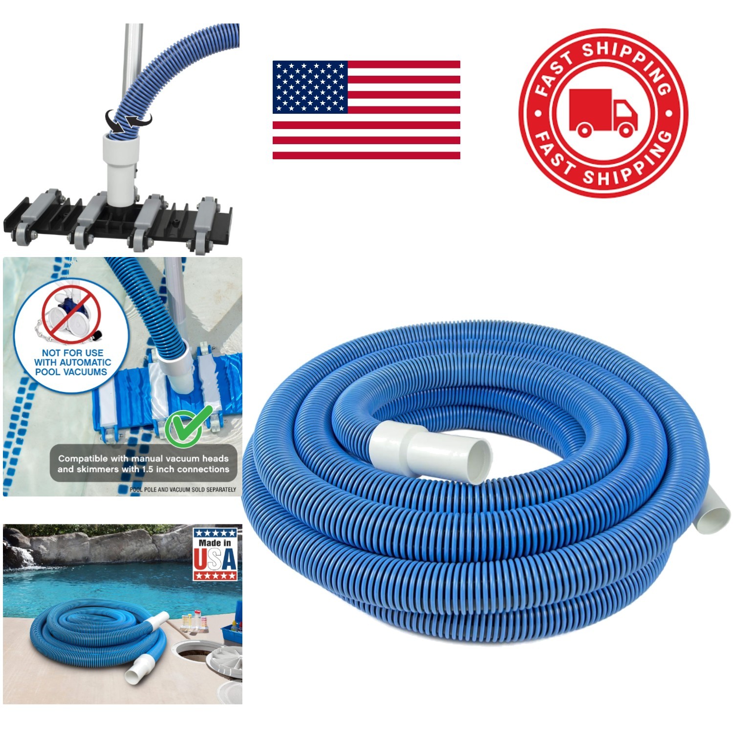 Manual Pool Vacuum Hose 30 Feet Long Flexible EVA Material for Easy Connections