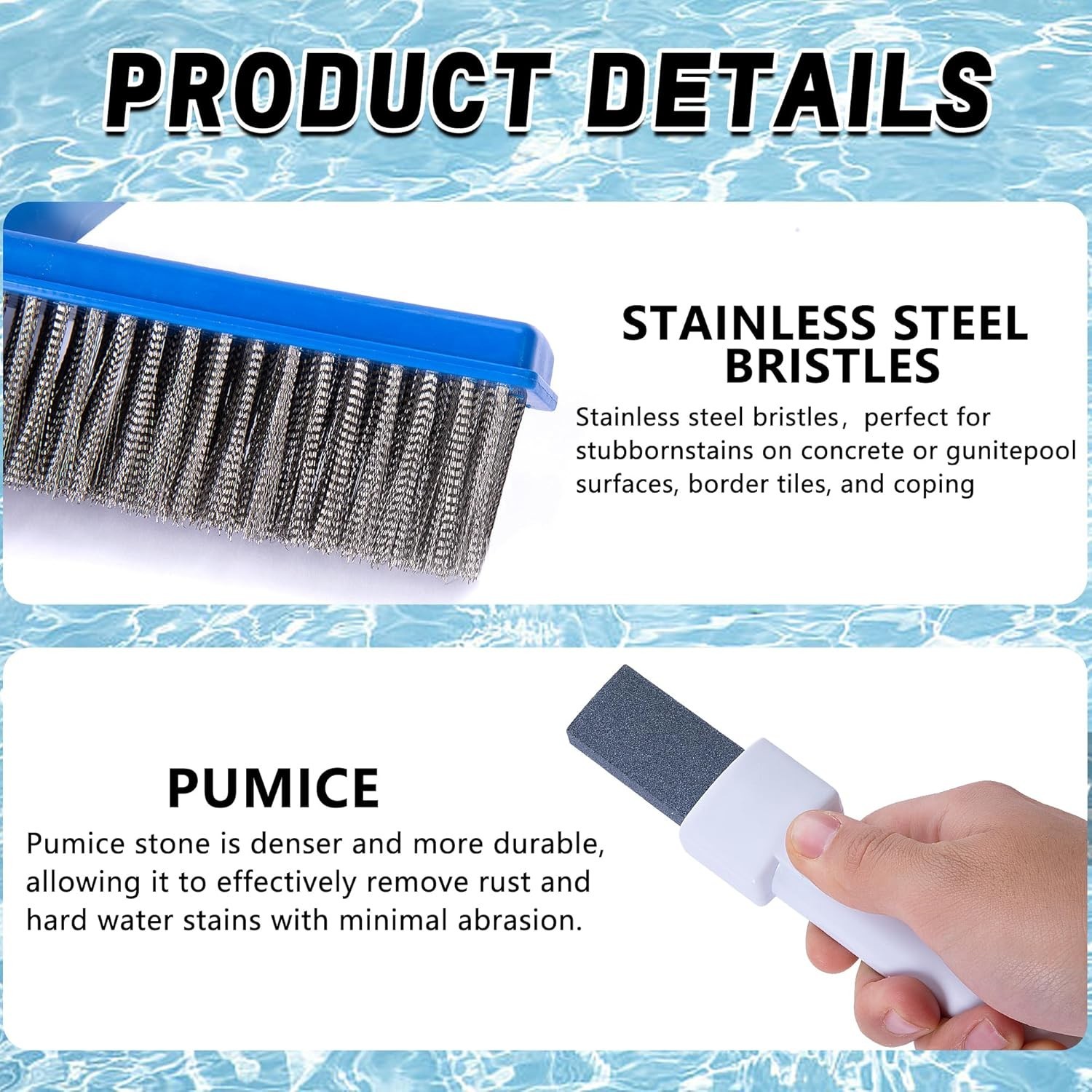 3 Pcs Pumice Stone and Pool Brush Kit-Pumice Stones with Handle and 10&Prime;Stainless