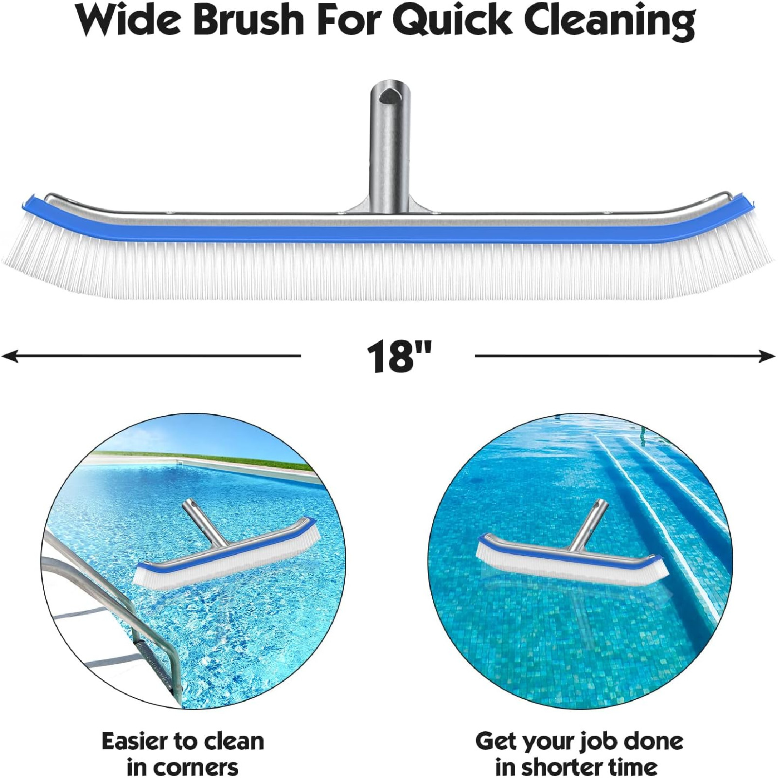 72&Prime; long pole Swimming Pool clean Brush with 18&Prime; wide Brush Head Nylon Bristles