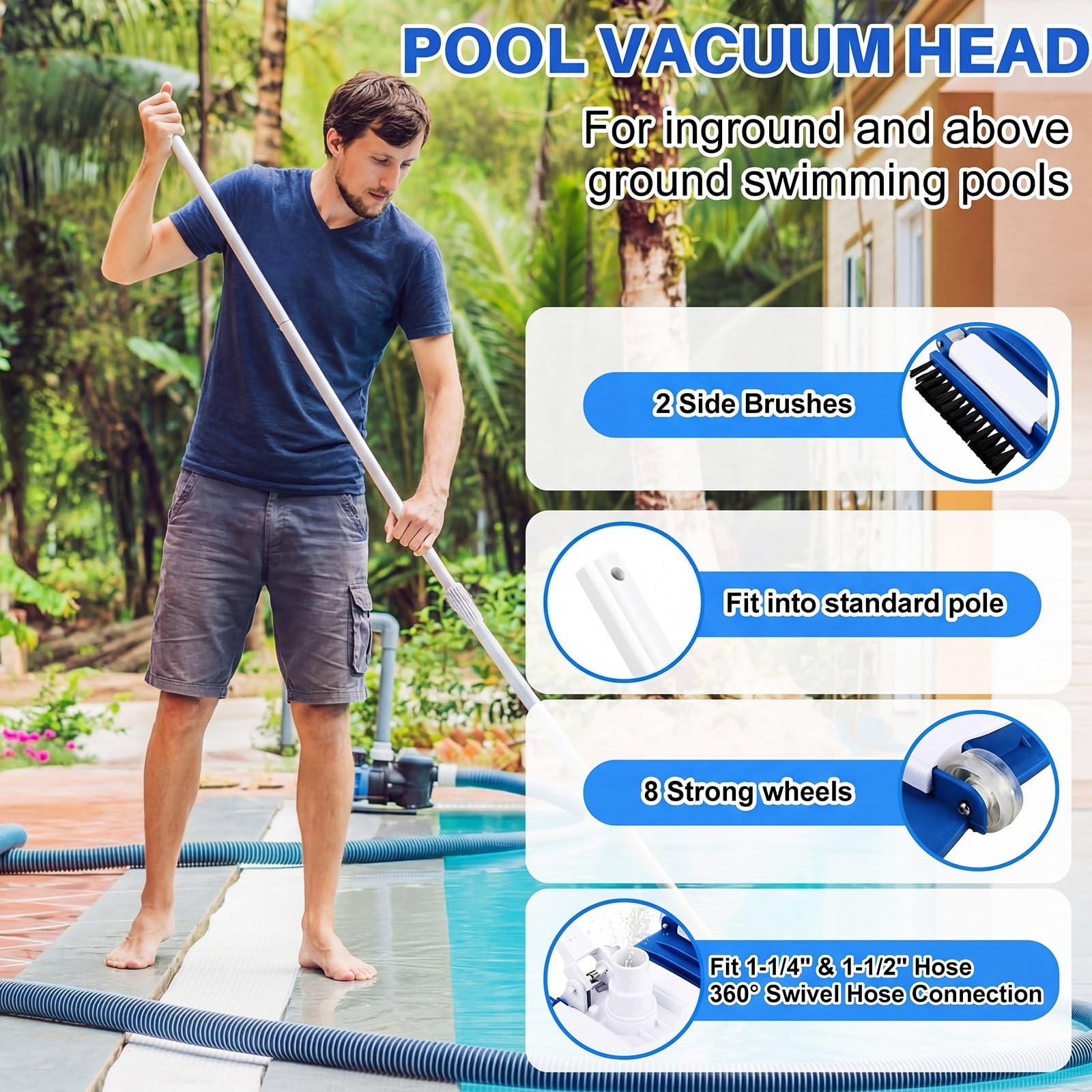 4 Pcs Pool Cleaning Kit – Vacuum Head, 30ft Hose, Bristle Brush & Pole for Ingro