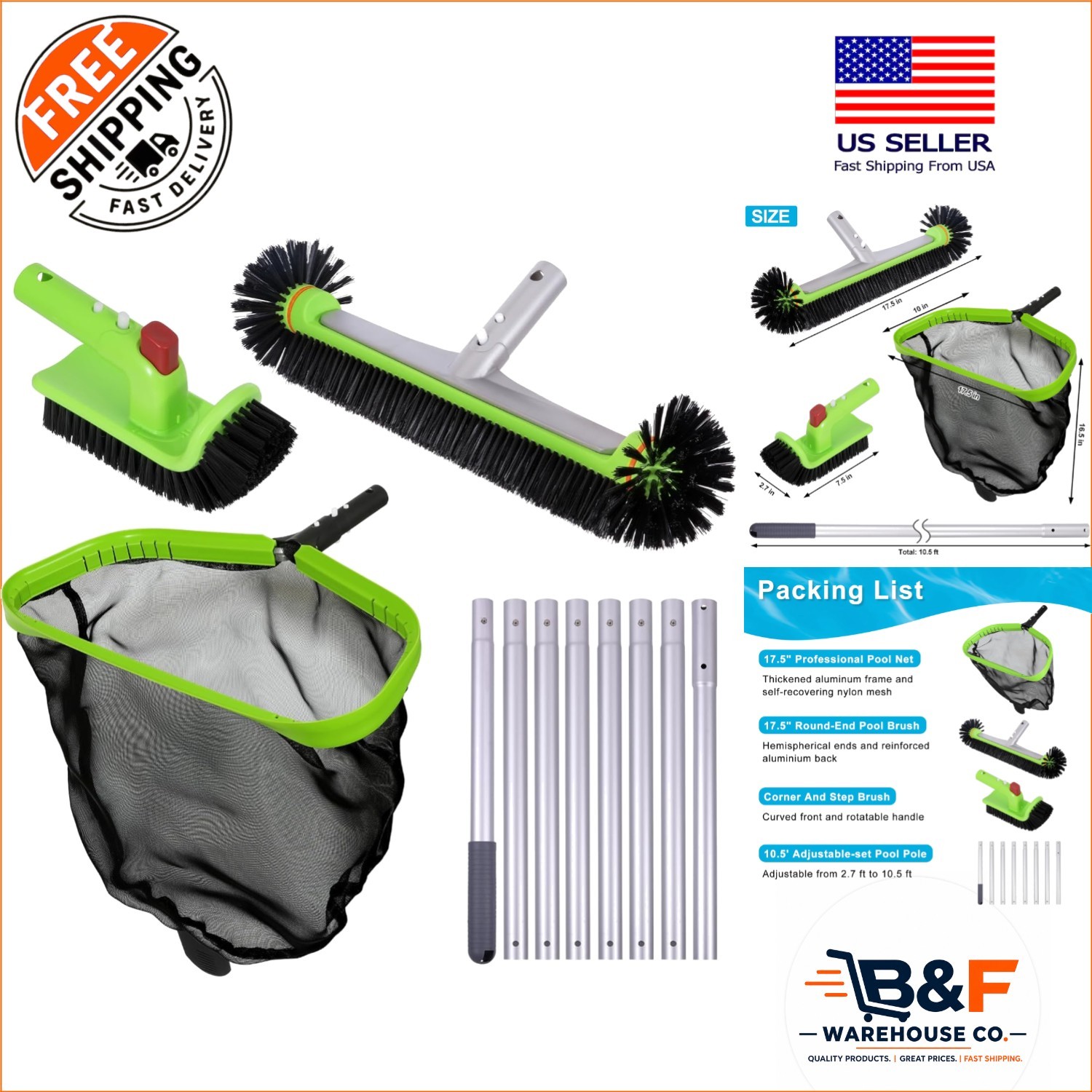 Luxury Pool Cleaning Kit with 10.5 FT Adjustable Pole & Heavy-Duty Brush Set