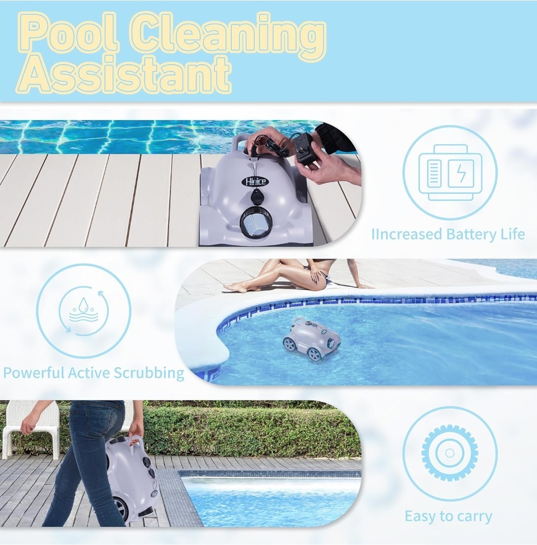 Hinice Cordless Robotic Pool Cleaner, Automatic Pool Vacuum Robot (Grey) 2152 sq