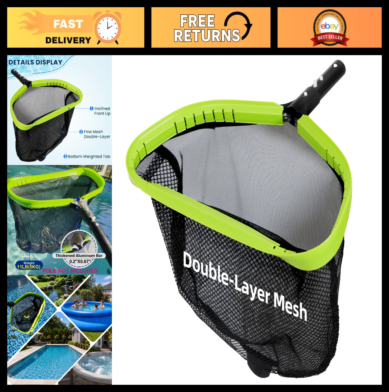 Heavy Duty Pool Leaf Skimmer Net, Double-Layer Deep Bag, Aluminum Frame, Rake To