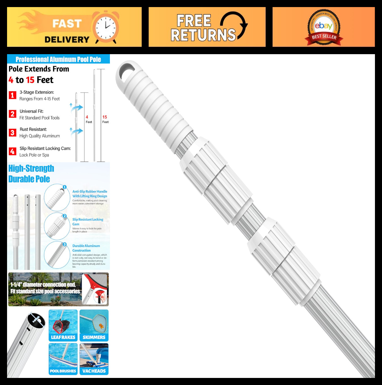 15ft Telescopic Aluminum Pool Cleaning Pole – Heavy Duty for Skimmer Nets & Vacu