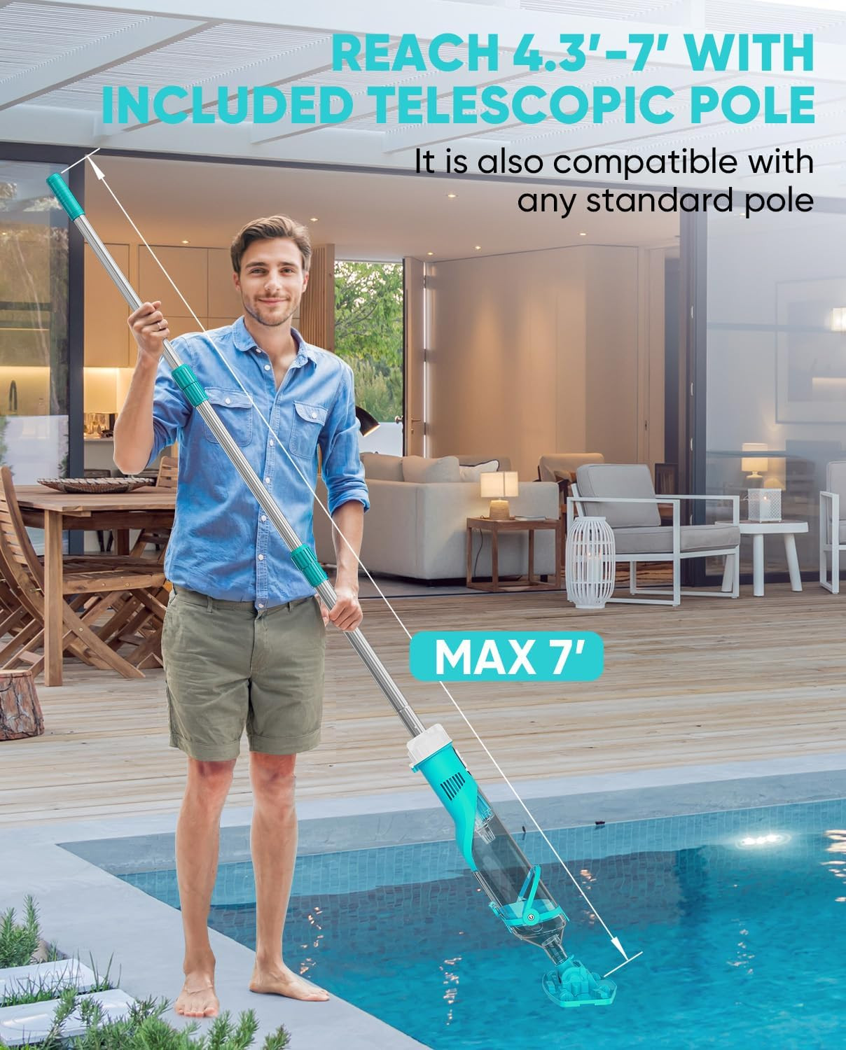 Cordless Pool Vacuum with Telescopic Pole, 8.5 GPM Powerful Suction, .5H Superch