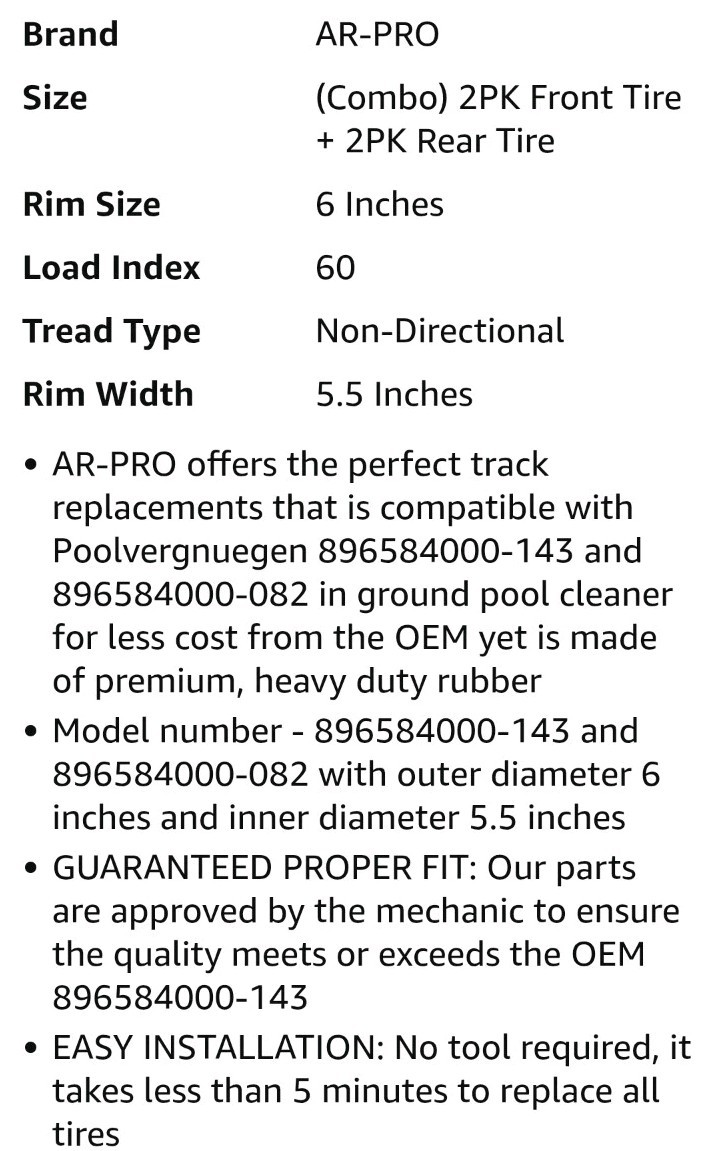 AR-PRO Swimming Pool Cleaner Front Tires & Rear 4 Tires *Read