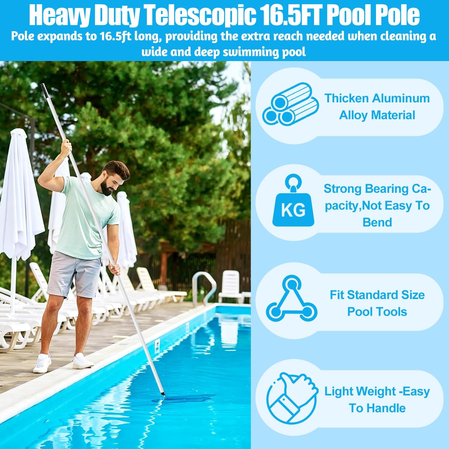 Telescopic 16.5 Ft Swimming Pool Pole – Heavy Duty Adjustable Aluminum