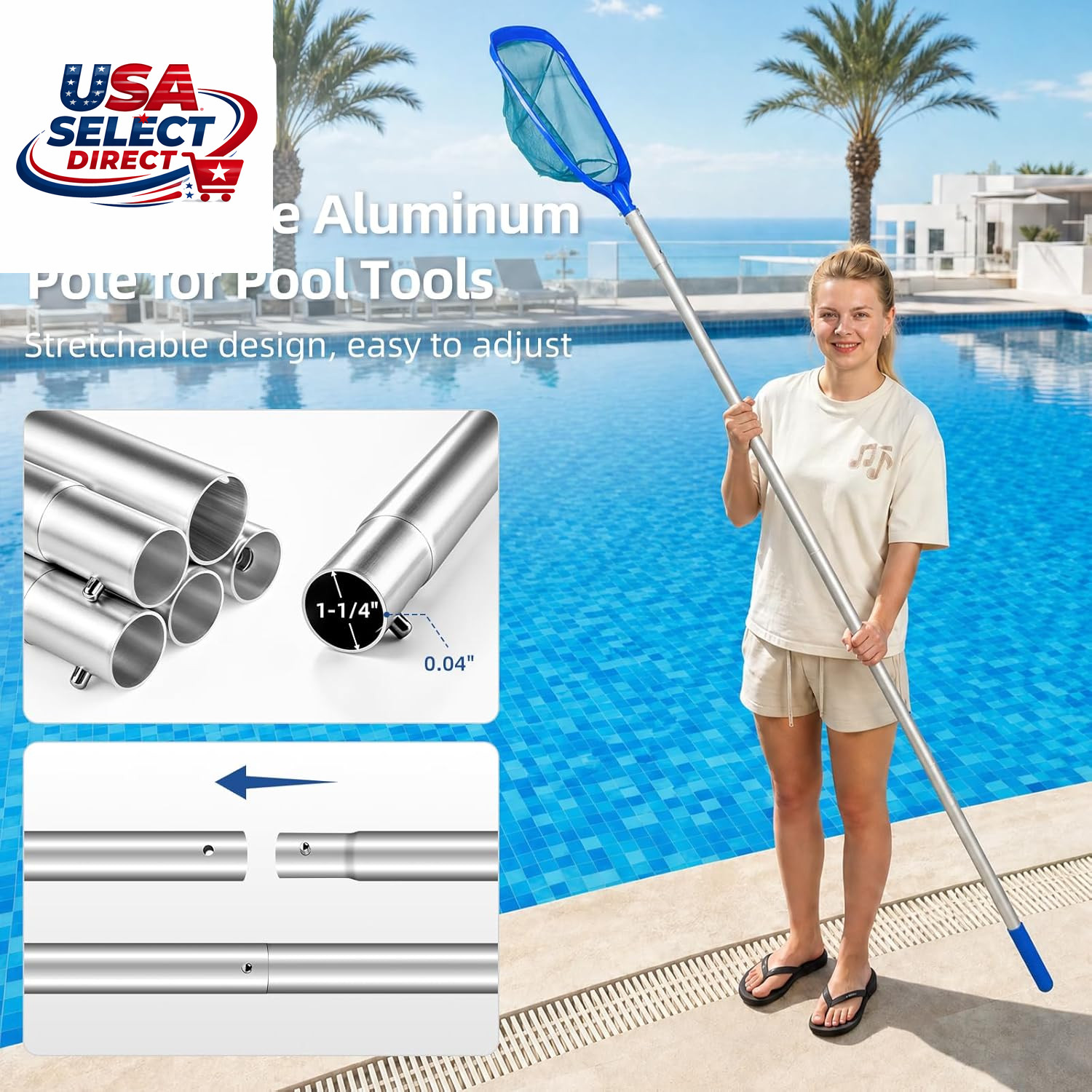 Swimming Pool Cleaning Kit with Aluminum Pole, Skimmer Net, Brush