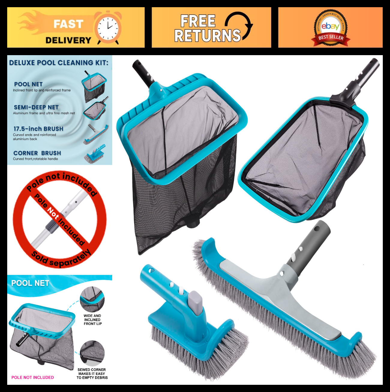 4-Piece Pool Cleaning Kit – Curved Wall Brush, Hand Scrubber, Leaf Rake & Skimme