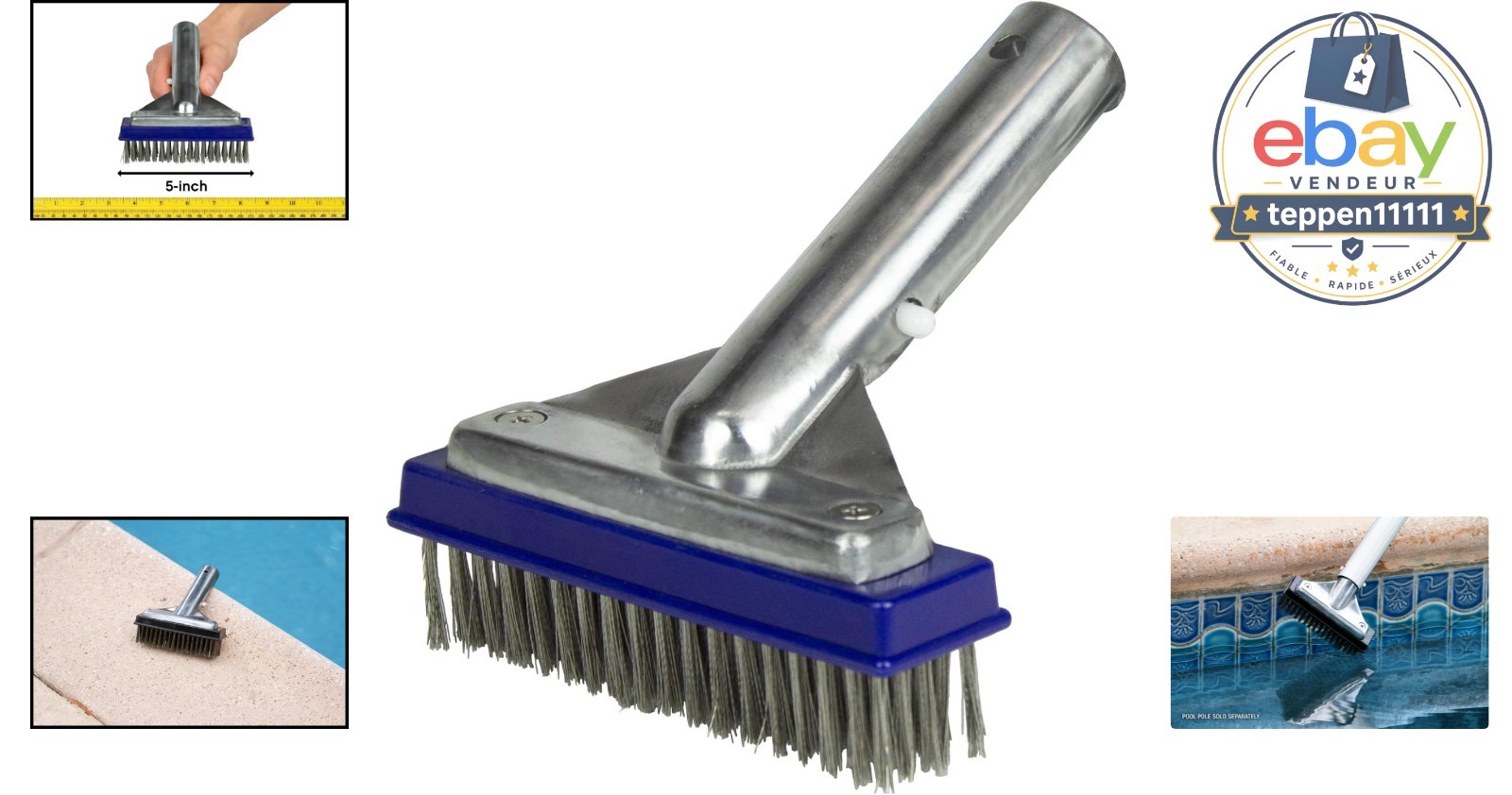 Inch Pool Algae Brush, Stainless Steel, Heavy-Duty Aluminum Back