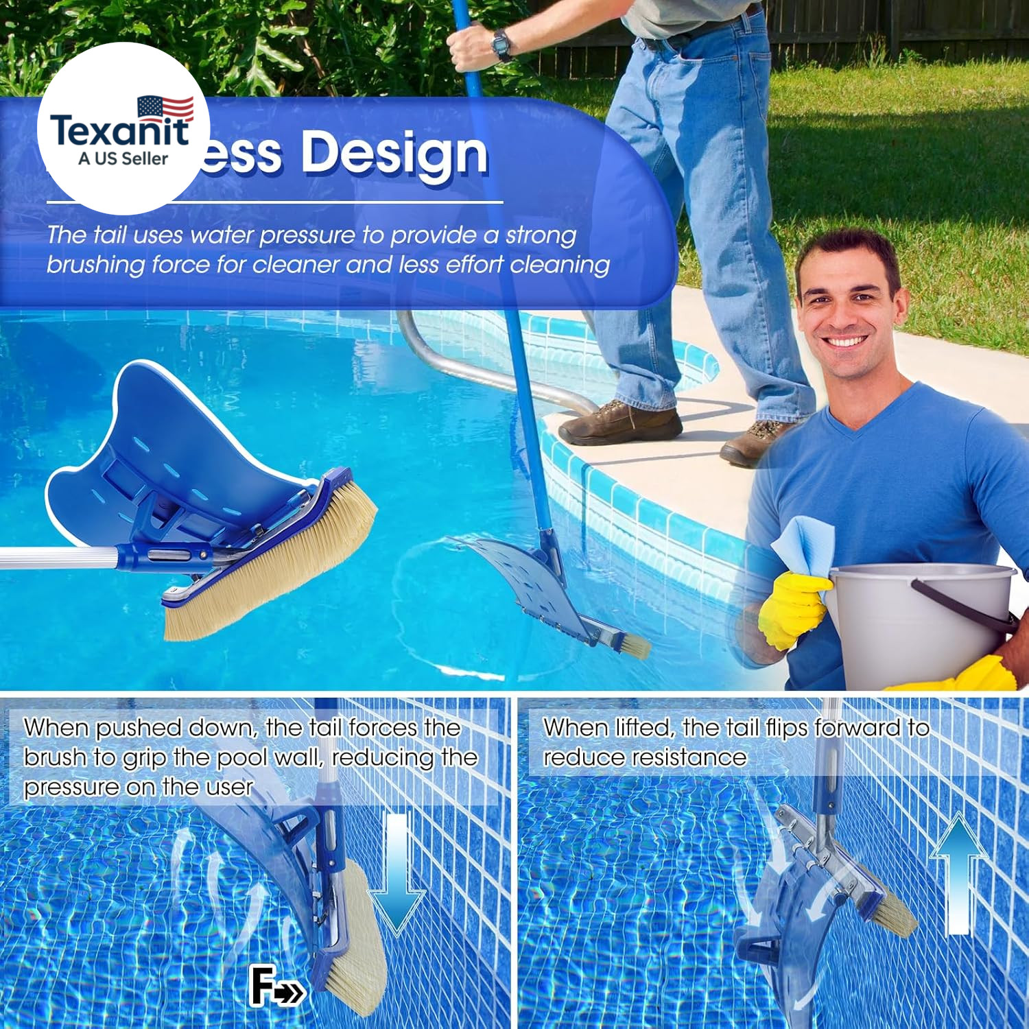 Pool Brush with Brush Tail for Cleaning Pool Walls Using Water Pressure, 18&Prime; Tou