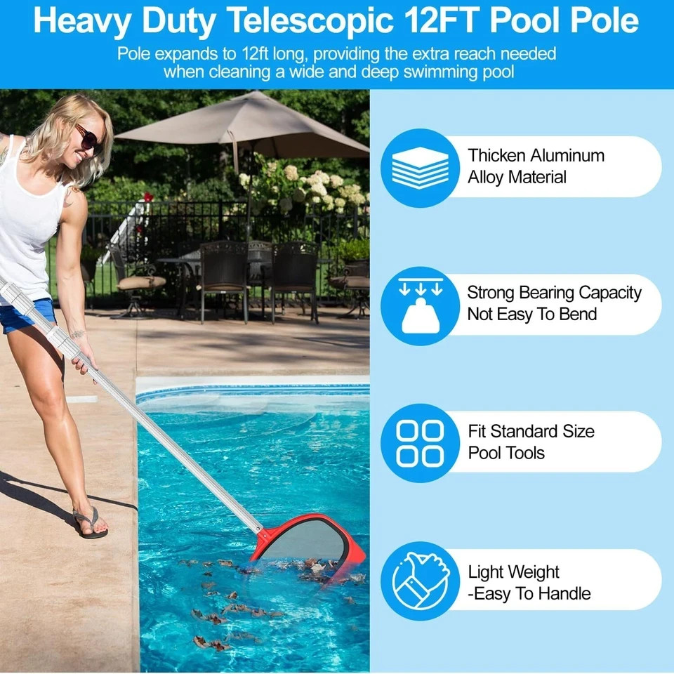 Professional Thicken 12 Foot Swimming Pool Pole Telescopic Aluminum Fits Pool