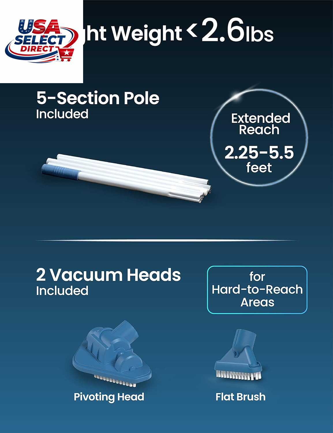 Cordless Handheld Pool Vacuum with 6Ft Pole & 2 Brush Heads
