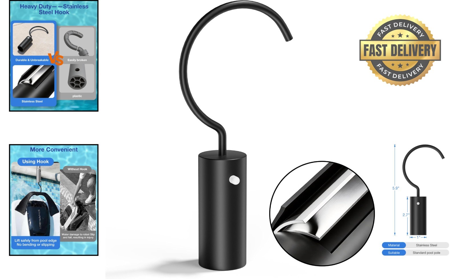 Stainless Steel Pool Pole Hook Attachment for Easy Robotic Cleaner Retrieval