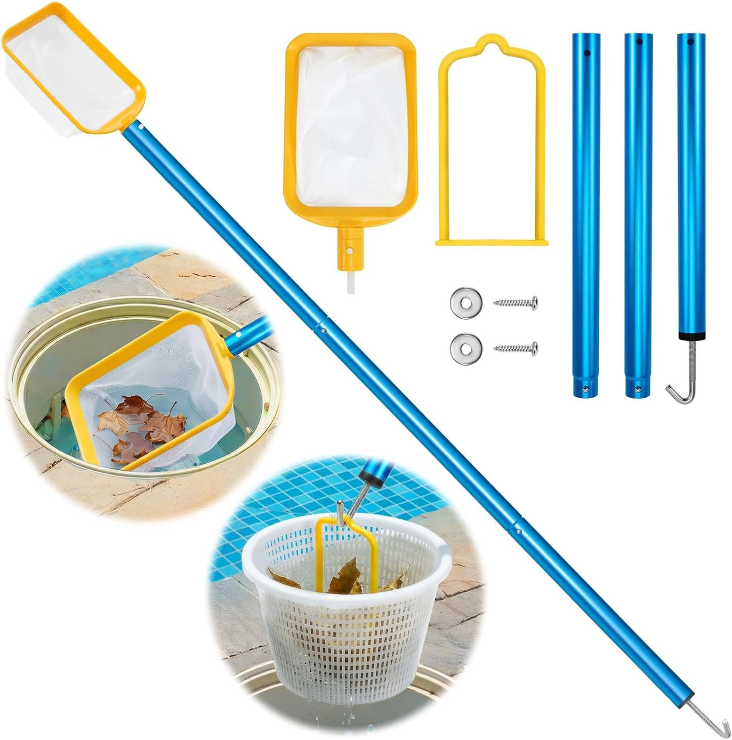 50In 2-In-1 Pool Skimmer Tool with Stainless Steel Hook and Detachable Fine Mesh