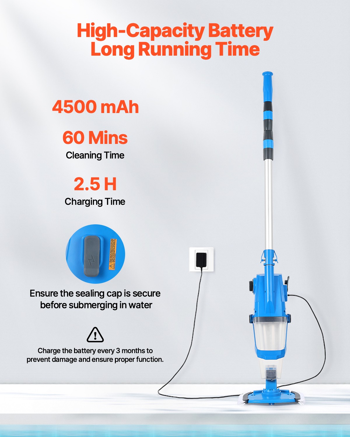 Pool Vacuum Suction/8.5/26GPM Rechargeable Pool Cleaner w/ Hose/Extension Pole