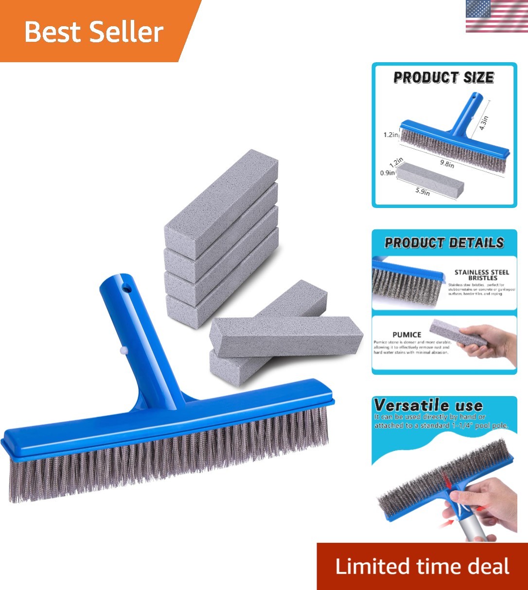 7-Piece Pool Cleaning Kit: Stainless Steel Brush & Pumice Stones for Deep Clean
