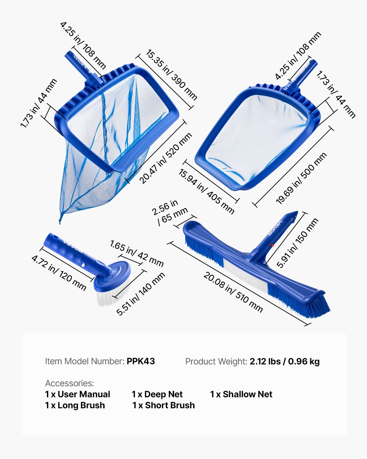 VEVOR Swimming Pool Cleaing Kit with Leaf Skimmer Bag Rake Nets & 2 Brush Heads