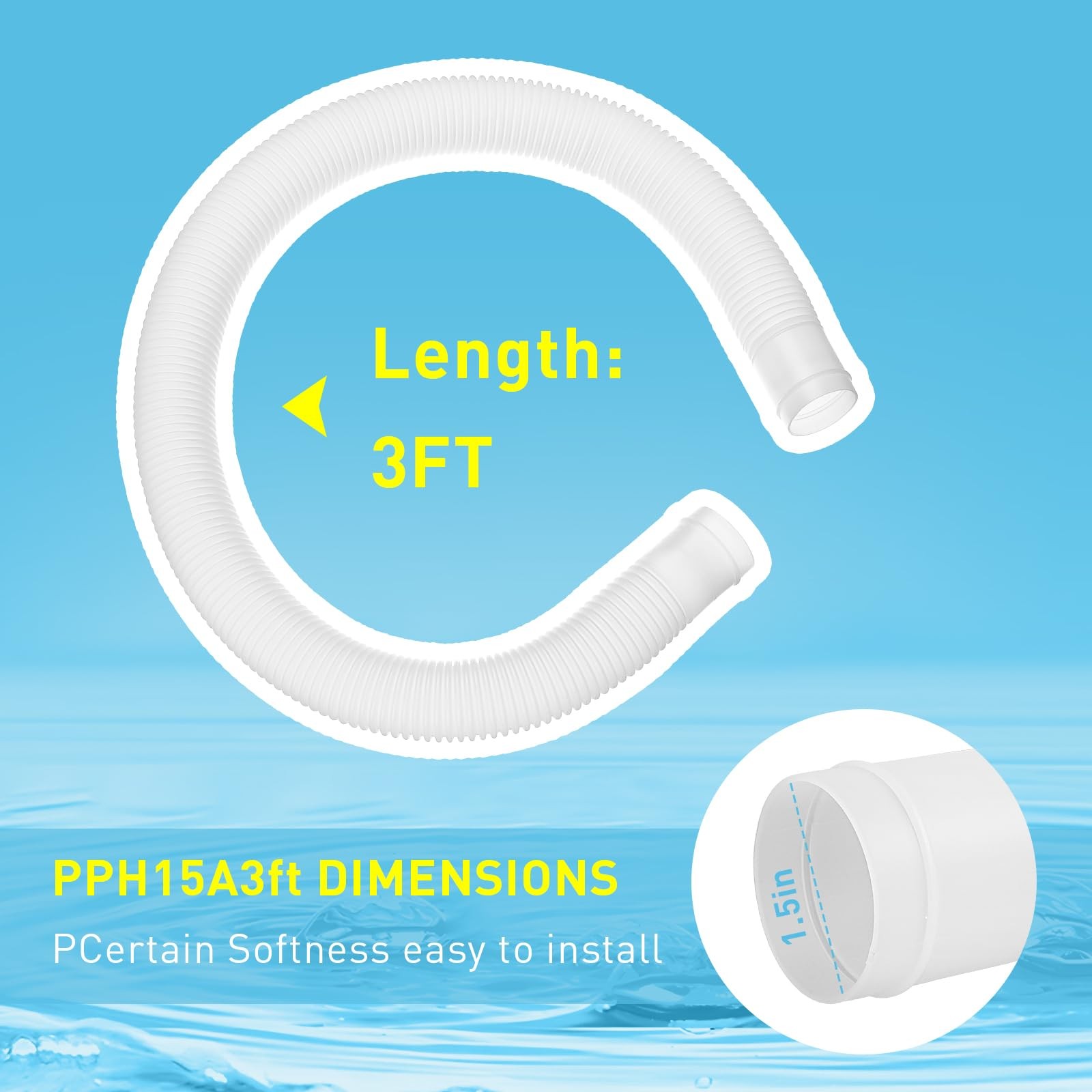 1.5 inch x 3ft Pool Skimmer Hose Replacement for x 3 feet, White