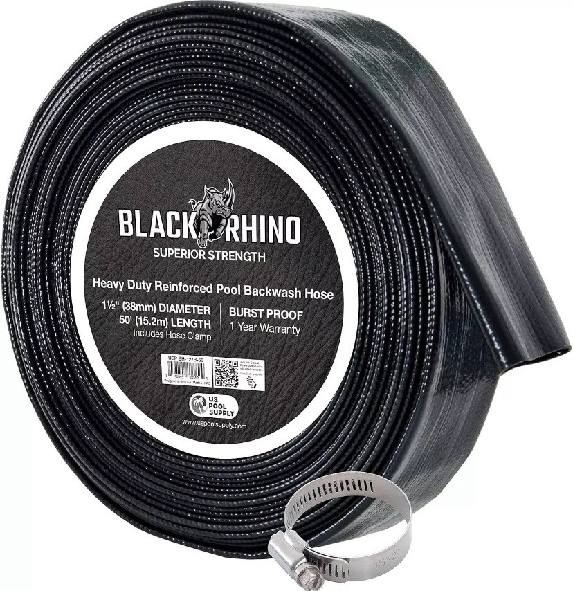 Black Rhino 1-1/2&Prime; x 50&prime; Pool Backwash Hose w/Hose Clamp – Thick 1.2mm (47 mils)