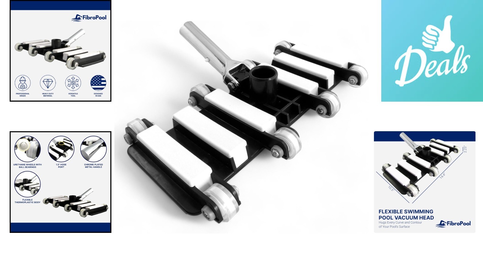 Extra-Wide Pool Vacuum Head with Chrome-Plated Handle & Smooth Rolling Wheels