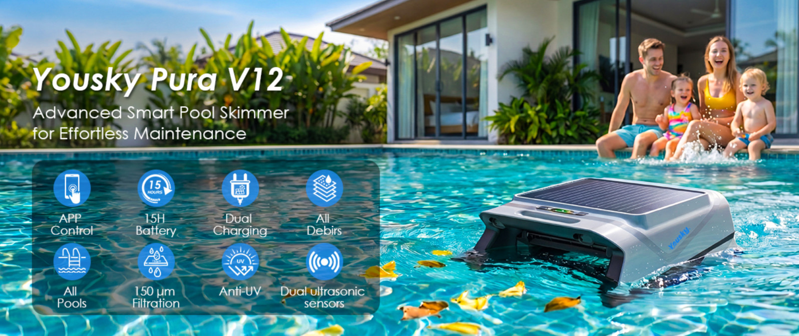 Pura V12 Solar Powered Automatic Pool Surface Robot Skimmer