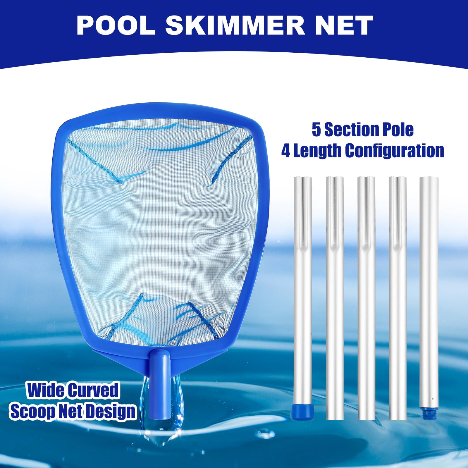 Adjustable Pool Skimmer Net with Telescopic Pole Ultra Fine Mesh Rake