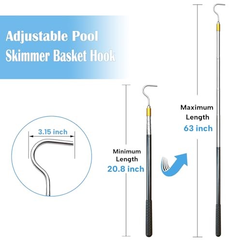 Extendable Pool Skimmer Basket Hook Pole Up to 63 Inch – Stainless Steel