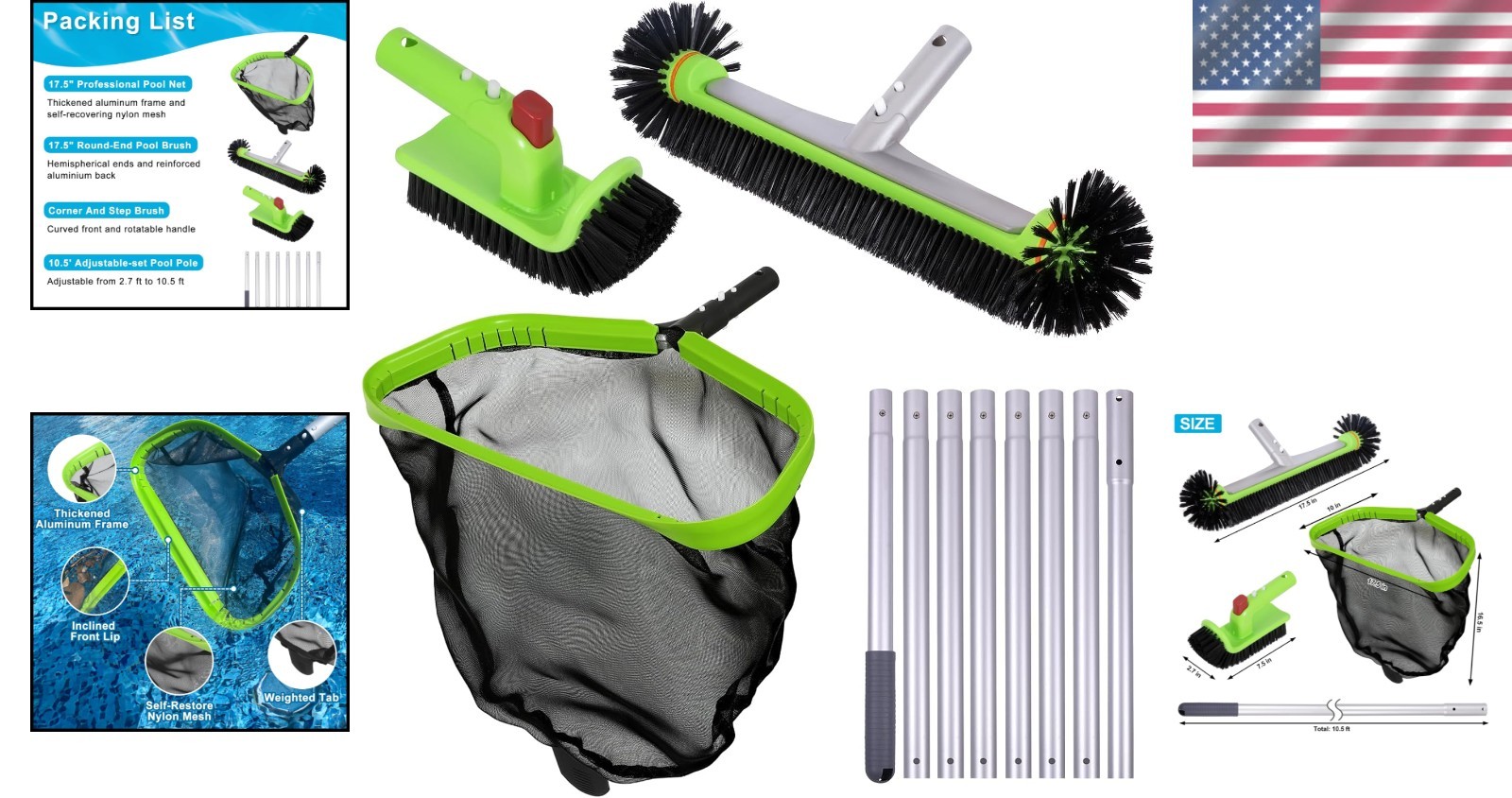 Luxury Pool Cleaning Kit with 10.5 FT Adjustable Pole & Heavy-Duty Brush Set
