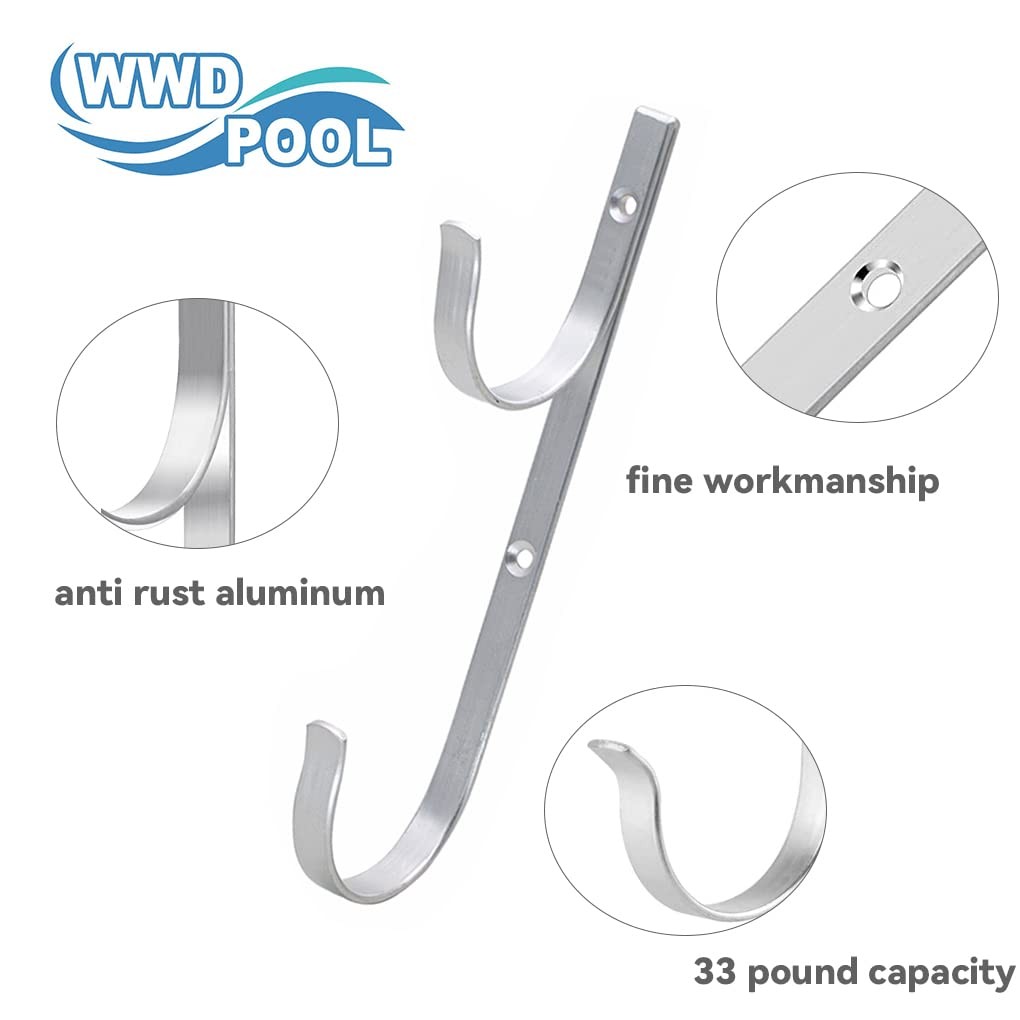 Aluminum Pool Pole Hanger Set with 2 Hooks for Rakes, Nets, and Brushes
