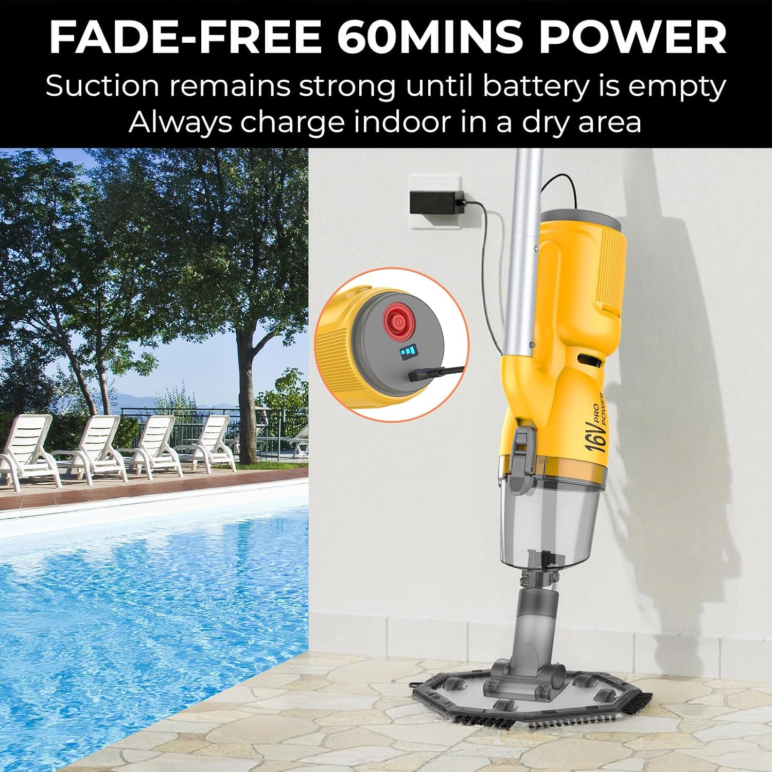 16V Cordless Handheld Pool Vacuum – 26,000Pa Hyper Suction, 3-Stage 3D Fiber Bal