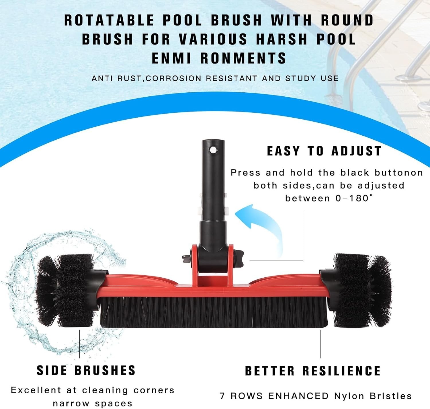 Pool Brush Head with Round Ends, Heavy Duty Pool Brushes for Cleaning Pool Wa…