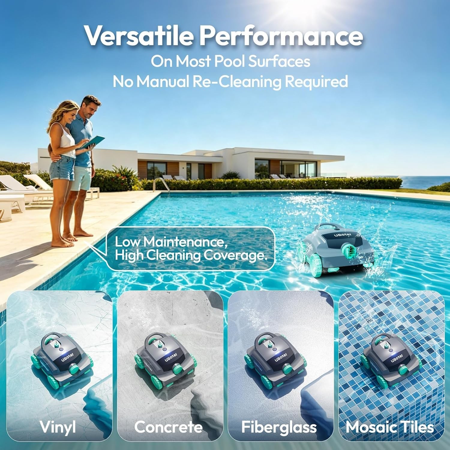 Cordless Robotic Pool Vacuum UBoter E10, Dual-Layer Filtration, Powerful Edge Co