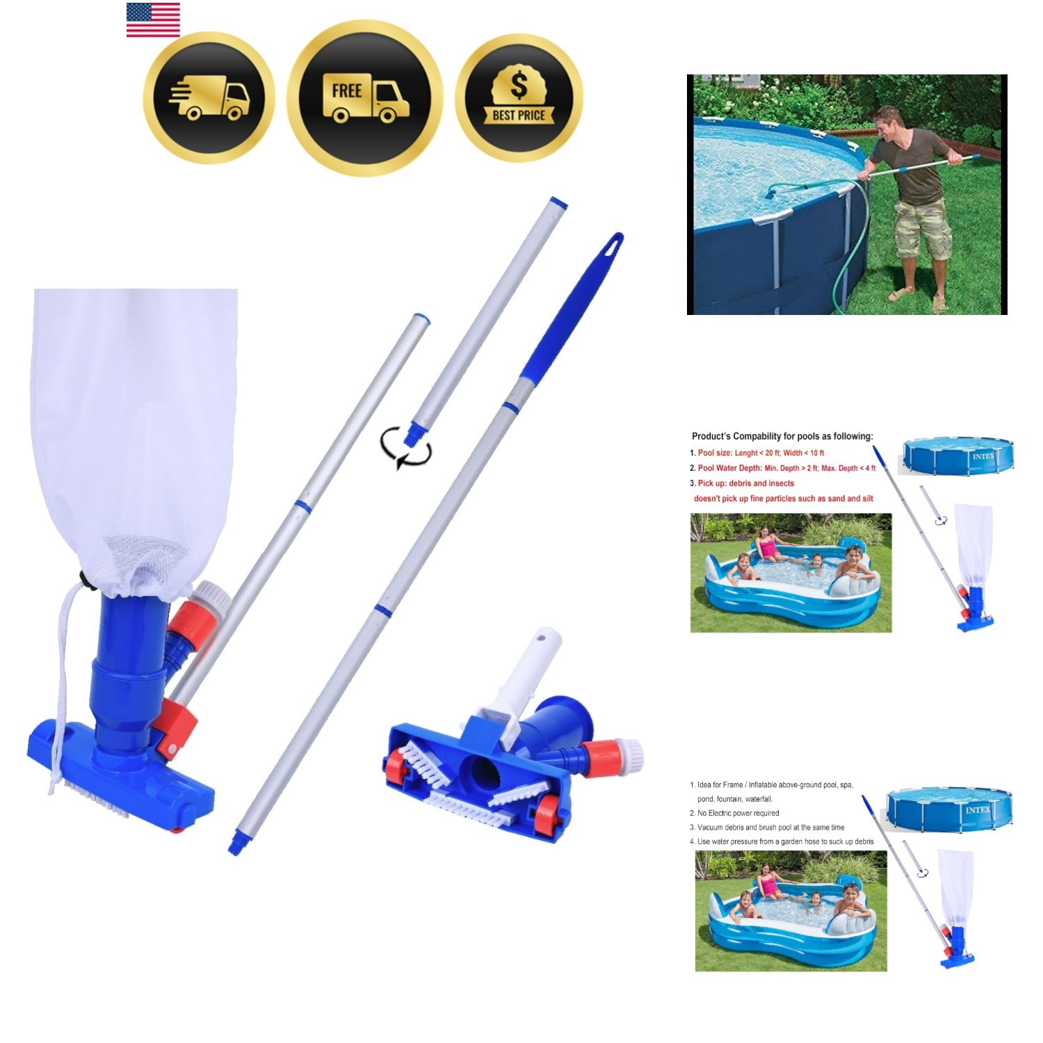 Pool Vacuum Garden Hose Water Powered Portable Telescopic Pole for Abovegroun…