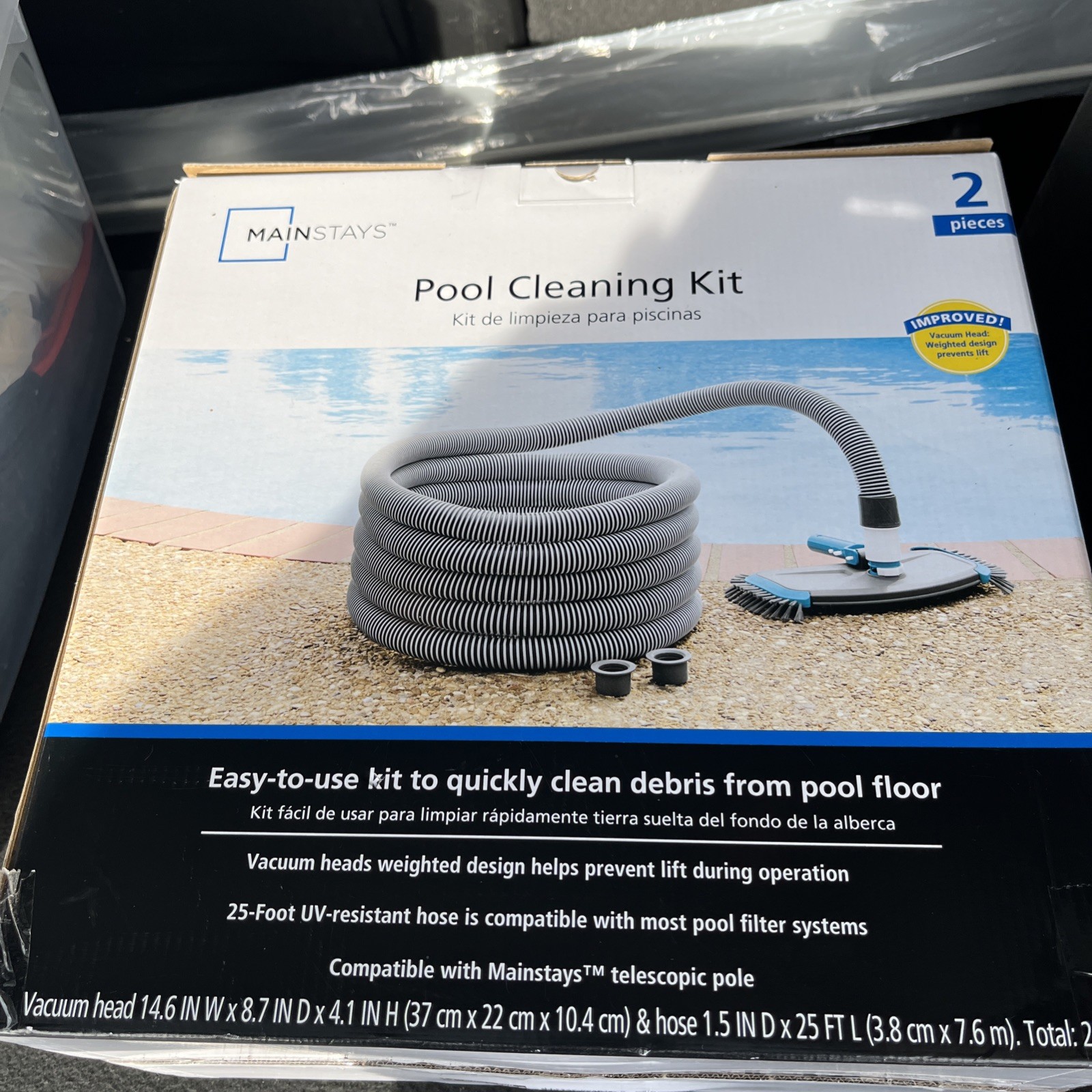 Mainstays Pool Vacuum Kit 2-Piece 25ft UV-Resistant Hose+Swivel Head 1.25&Prime;/1.5&Prime;