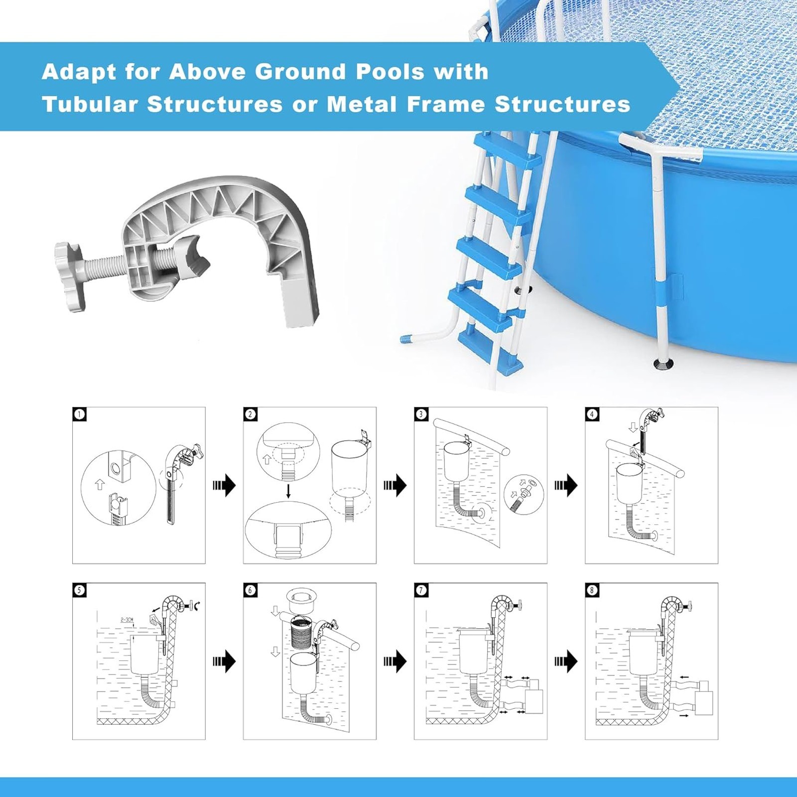 Above Ground Pool Skimmer with Adjustable Mount, Hose Basket, Five Socks