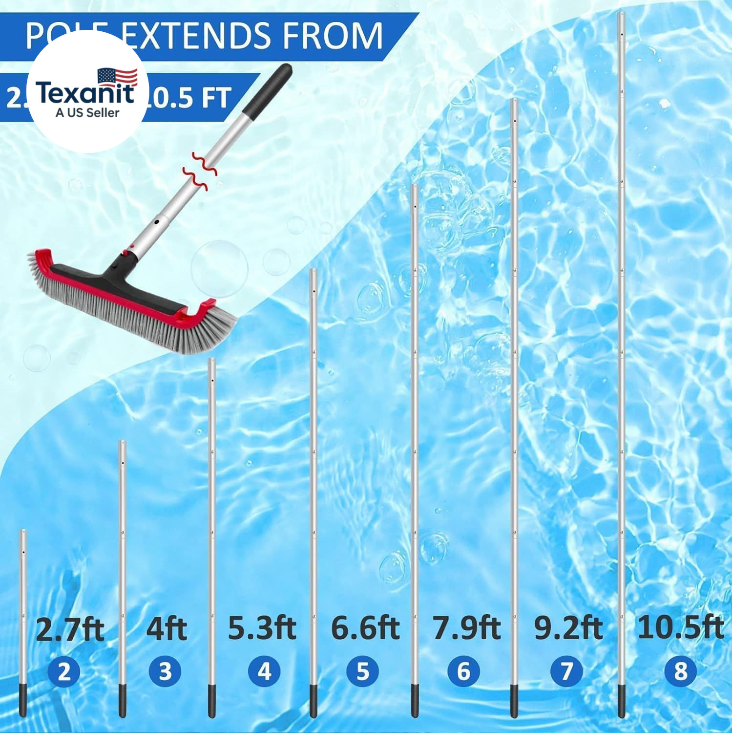 Swimming Pool Brush with Pole – 17.5&Prime; Wall Brush with 10FT Adjustable Aluminum P