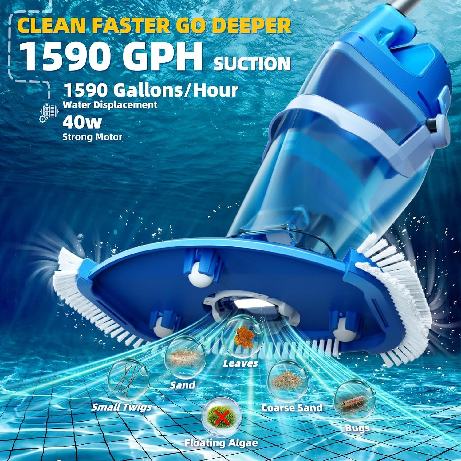 Powerful Cordless Pool Cleaner – Dual Heads, Telescopic , Waterproof Design