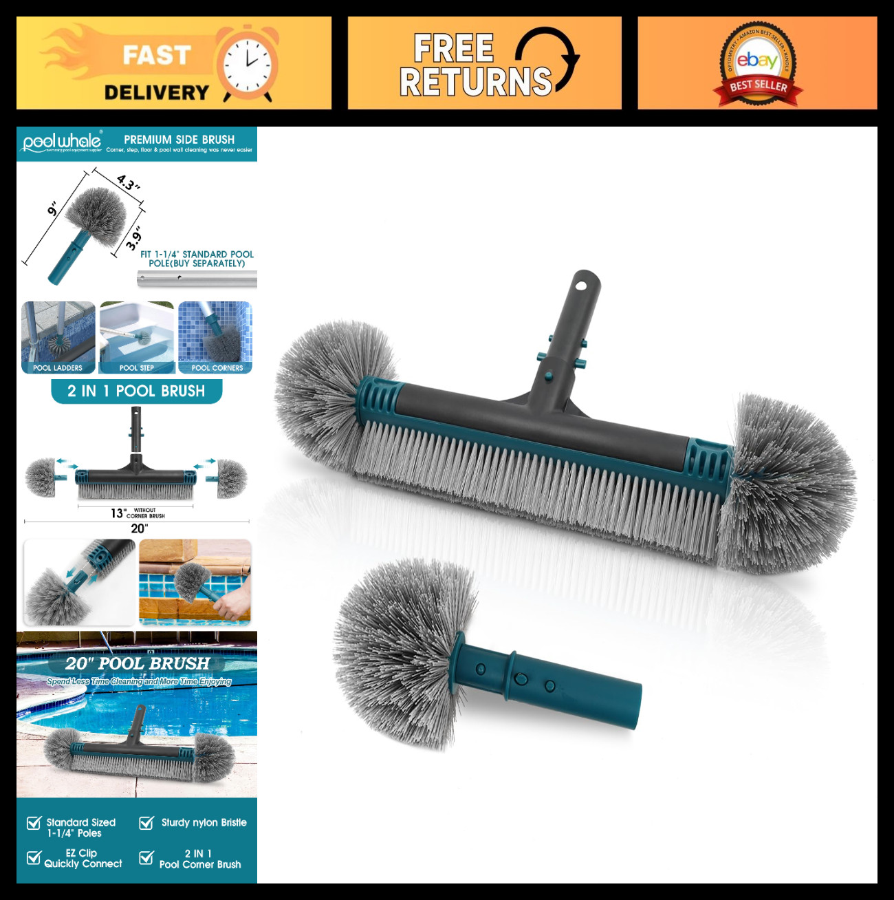 20&Prime; Detachable Pool Brush Head with Durable Nylon Bristles & EZ Clip Handle – Fa