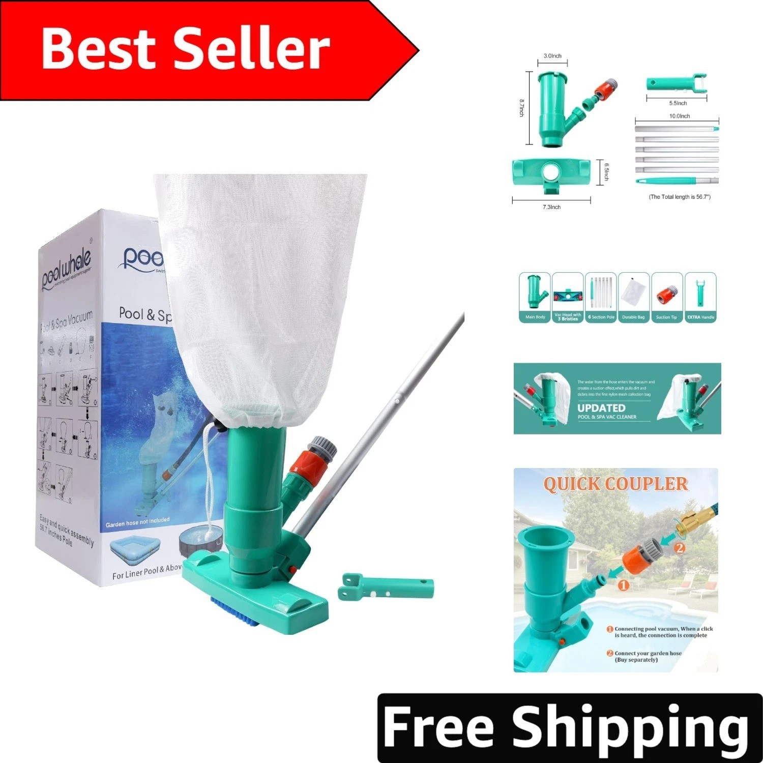 Versatile Pool Spa Jet Vac Vacuum Cleaner with 6-Section Pole, No Power Needed