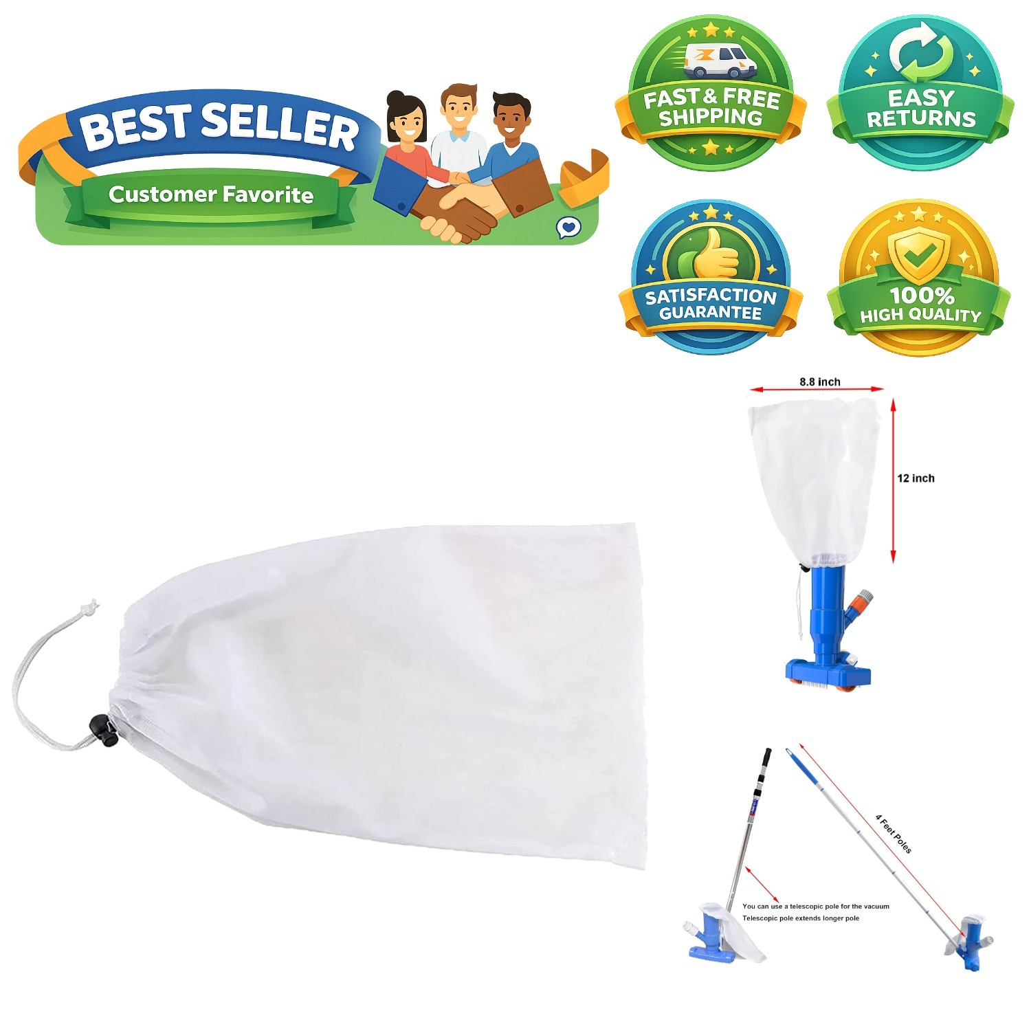 Fine Mesh Replacement Bag for Pool Spa Jet Vacuum – Fits Pentair Mini Vac