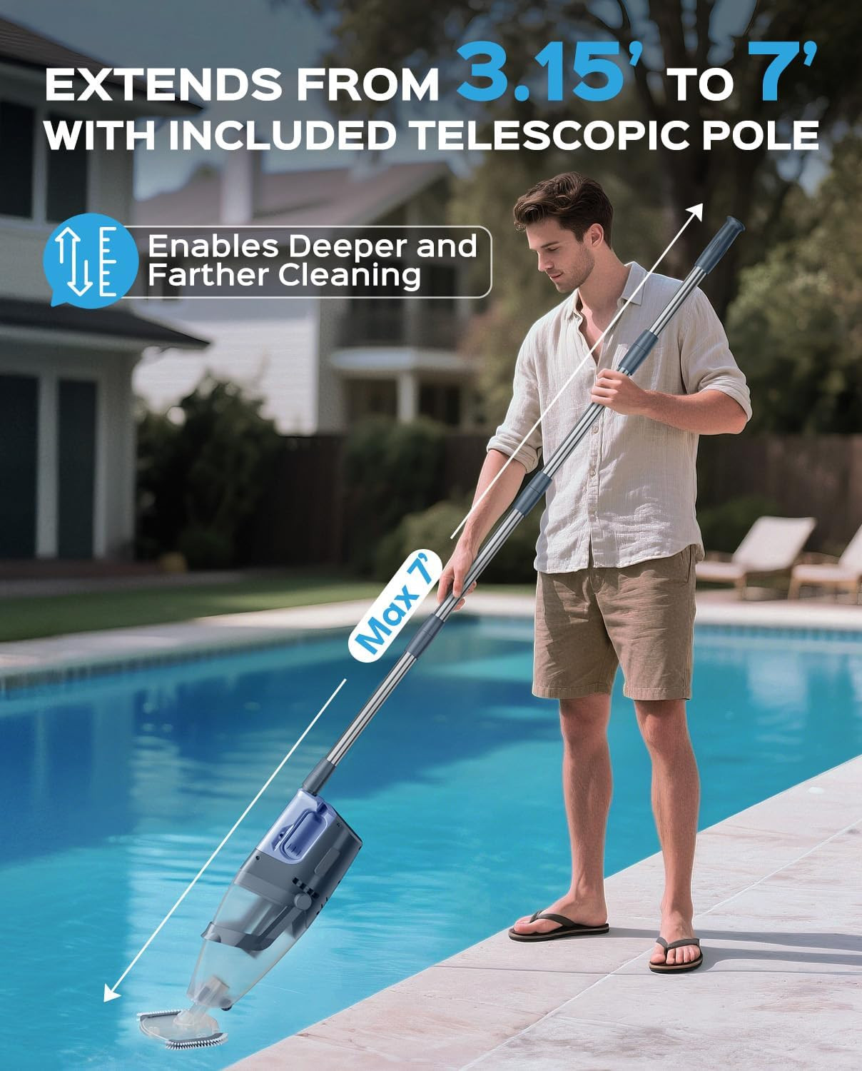 Cordless Handheld Pool Vacuum Cleaner with Telescopic Pole, 26.5 GPM Powerful Su