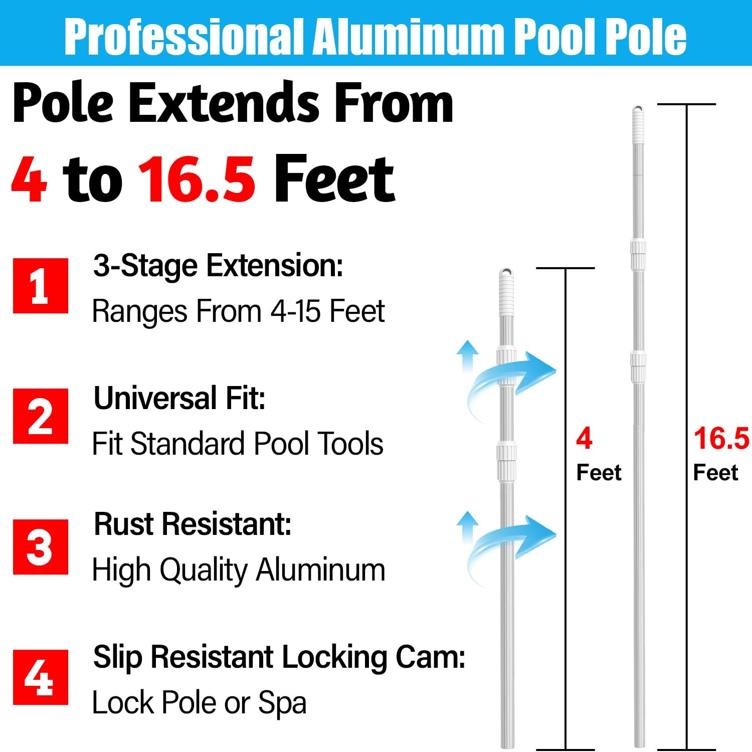 Telescopic 16.5 Ft Swimming Pool Pole – Heavy Duty Adjustable Aluminum