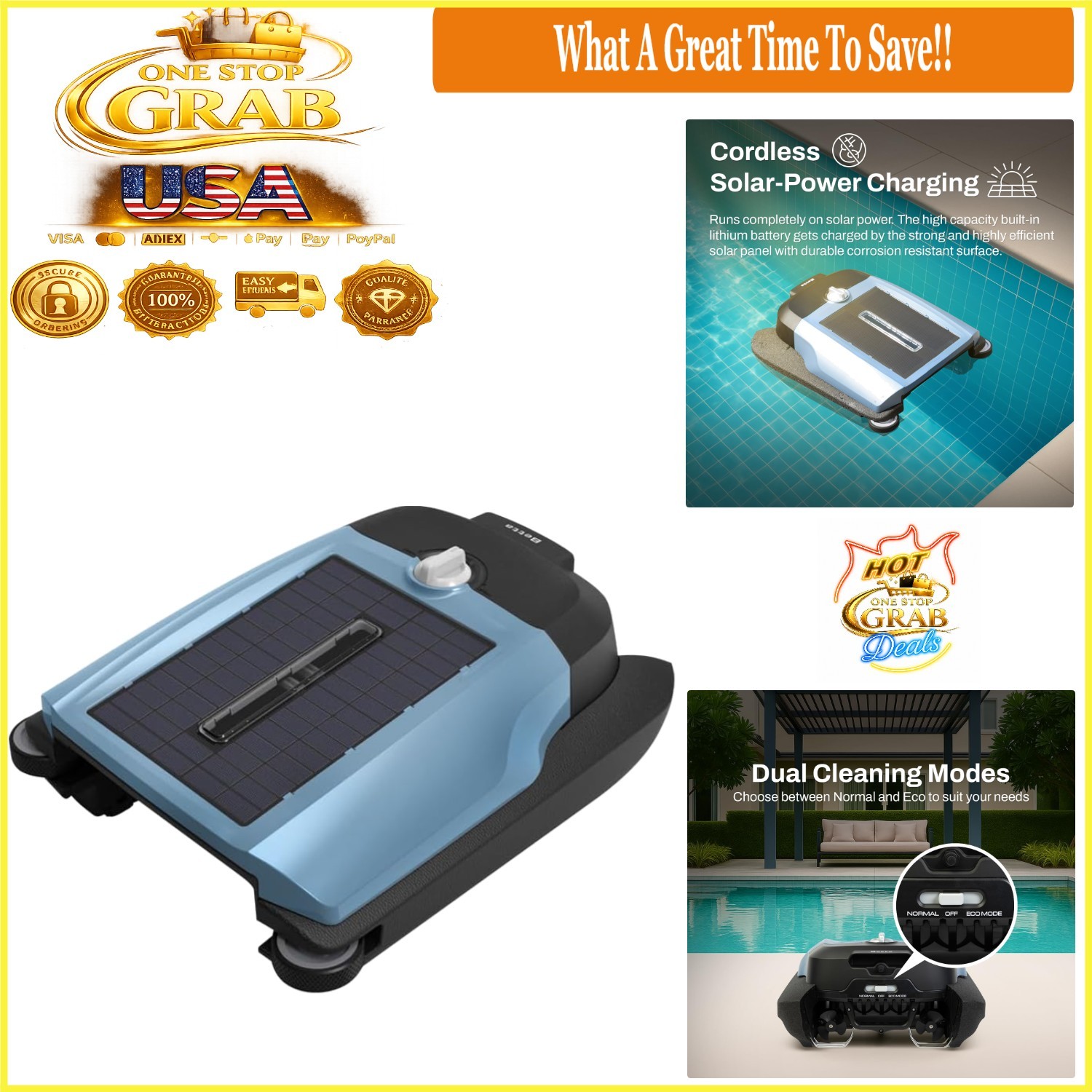 Solar Robotic Pool Skimmer Cordless Dual Modes Soft-Touch In-Ground Above-Ground