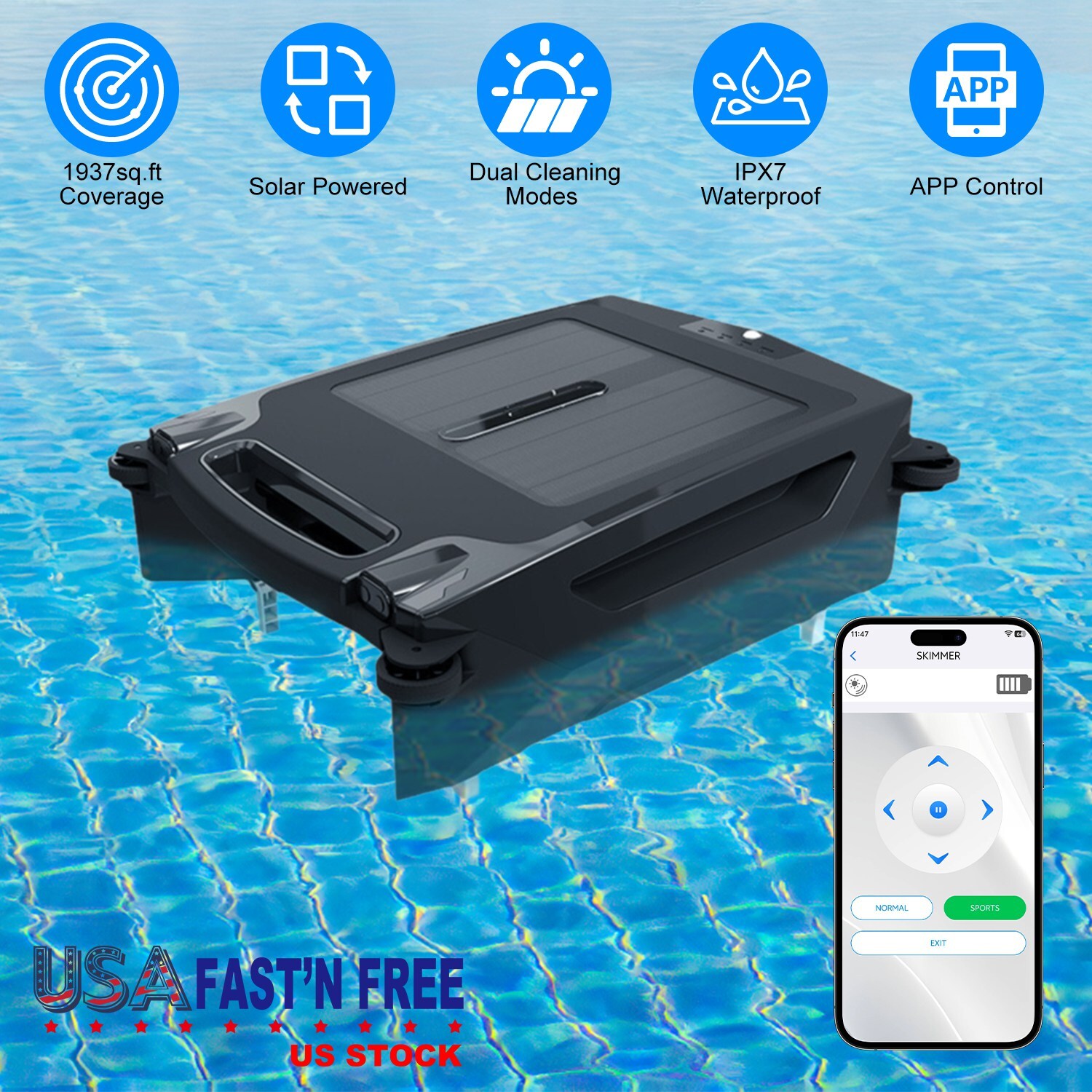 Solar Robotic Pool Skimmer Automatic Swimming Pool Cleaner Robot 1937sq.ft IPX7
