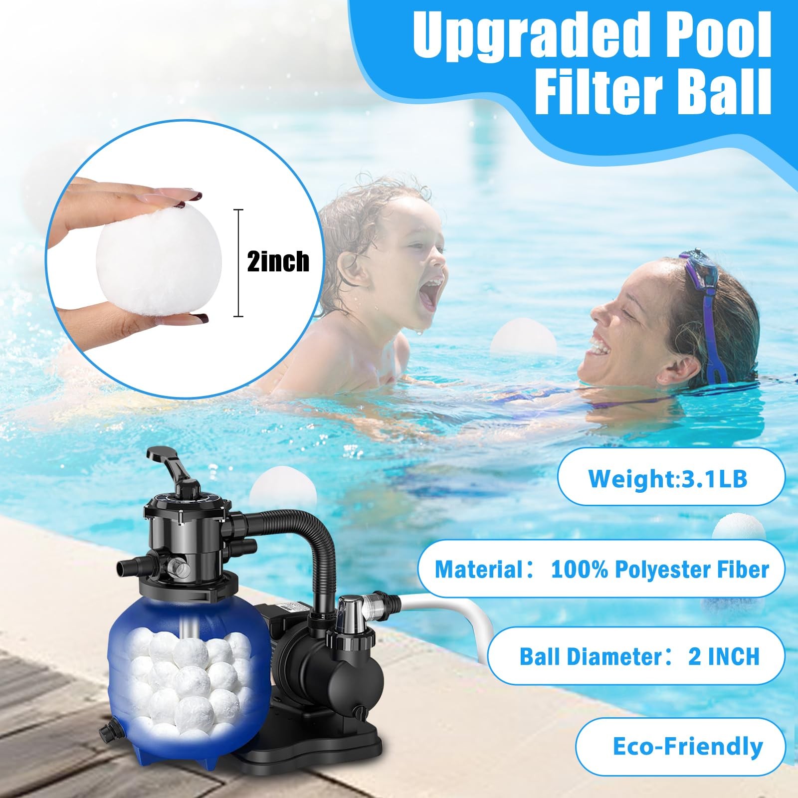 MJZ Pool Filter Balls for Sand Filter, 3.1 Lbs Reusable White